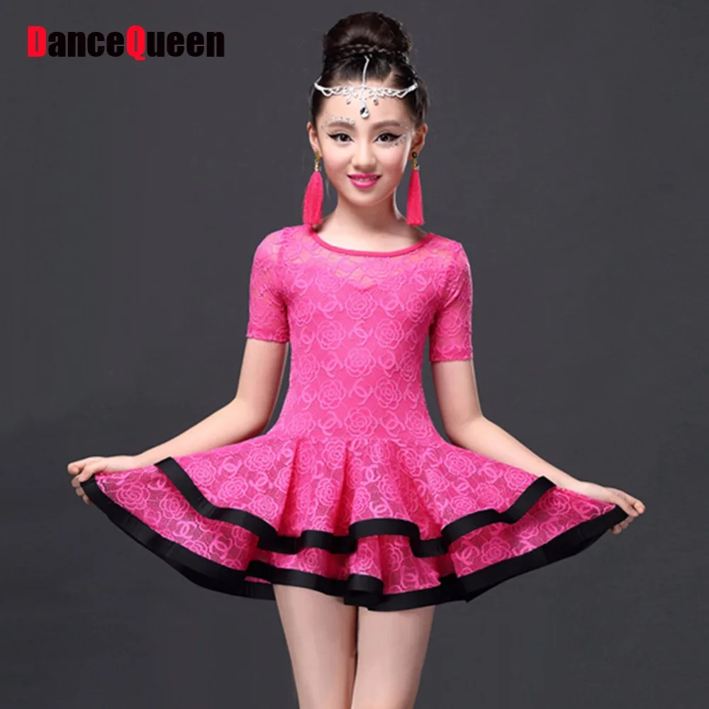 Fuchsia Yellow Printed Child Latin Dance Dresses Girls Dancewear Modern