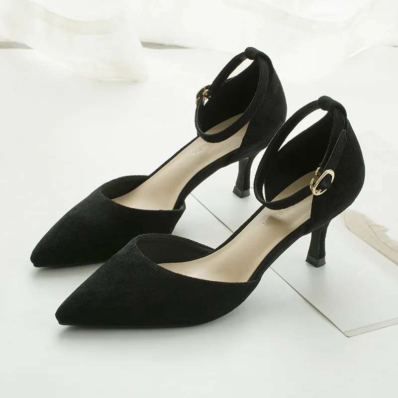 Летние женские босоножки; обувь с открытым носком; модная весенняя женская офисная обувь на тонком каблуке 5 см с пряжкой - Цвет: Черный