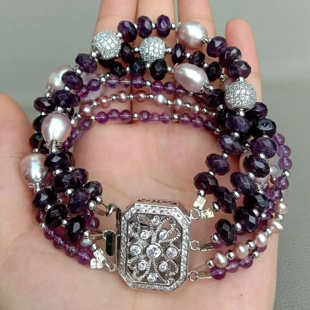 8" 6 Strands Cultured Purple Pearl Ametyst Bracelet