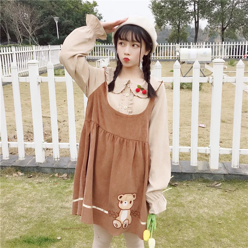 Милые вышитые поддельные платья из двух частей женские Япония Kawaii Ulzzang офисные
