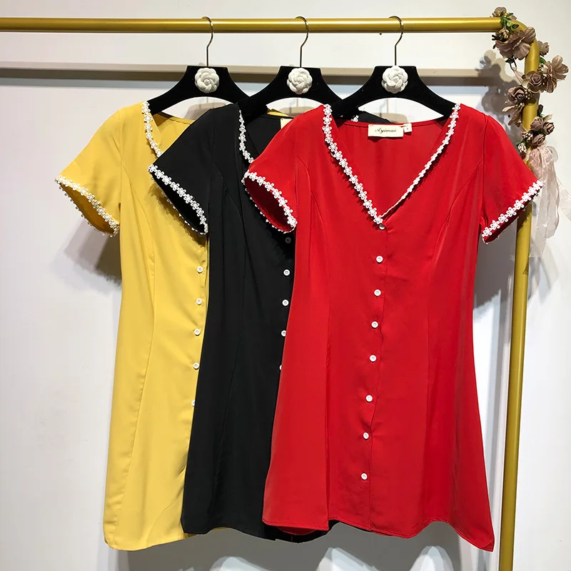 

Elegant Lace Patchwork V Neck Solid Mini Dress Women Buttons A Line Dress Summer Red Yellow Black Dress Female Vintage Dresses