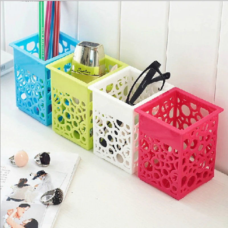 

Square Hollow Floral Pencil Holder Desk Pen Containers Organizer Plastic Pen Pot Makeup Brush Storage Box