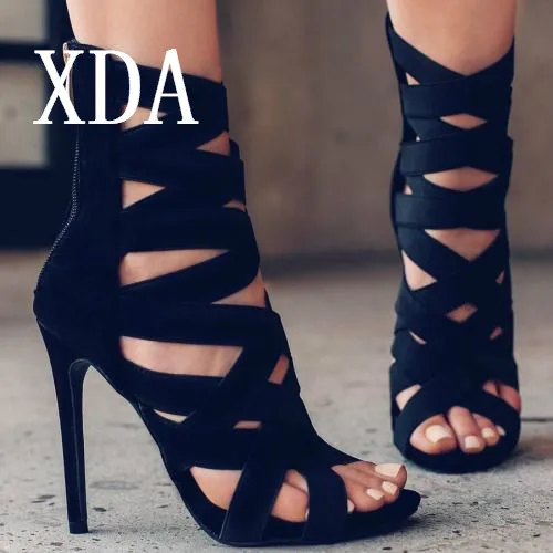 

XDA Big size 35-43 New 2019 Women Heeled Sandals stretchy Bandage Ankle Strap Pumps Super High Heels stiletto Heels Lady sandals
