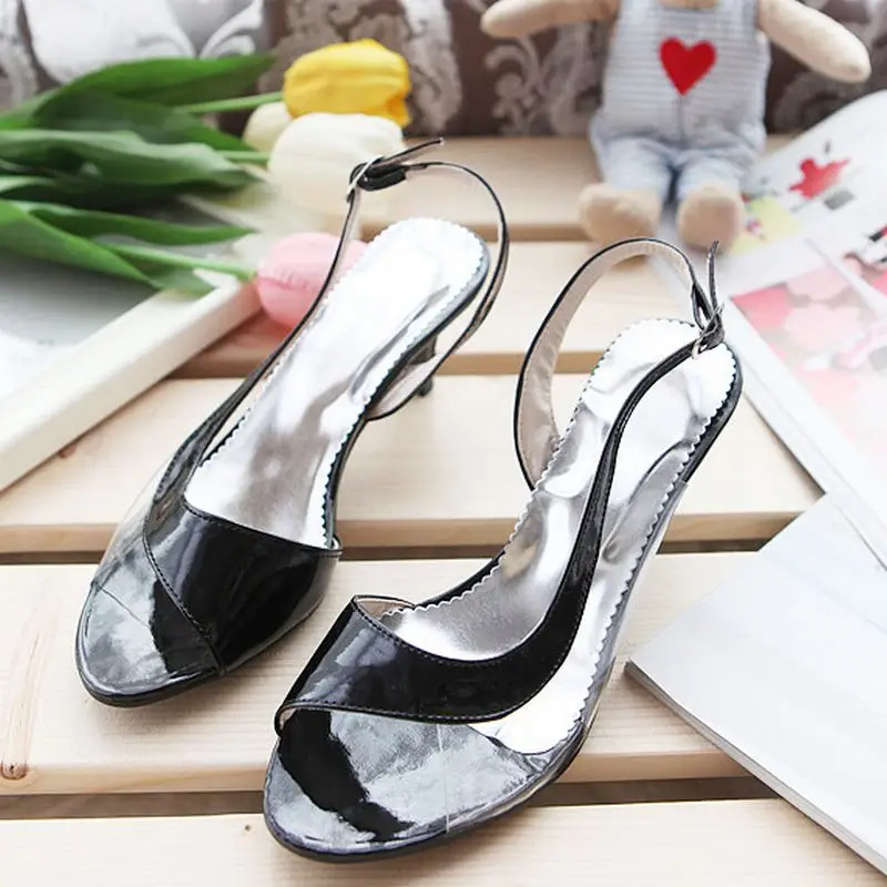 Taoffen/размеры 30-48; женские босоножки на высоком каблуке с открытым носком; пикантные женские брендовые Модные прозрачные сандалии женская обувь - Цвет: Черный