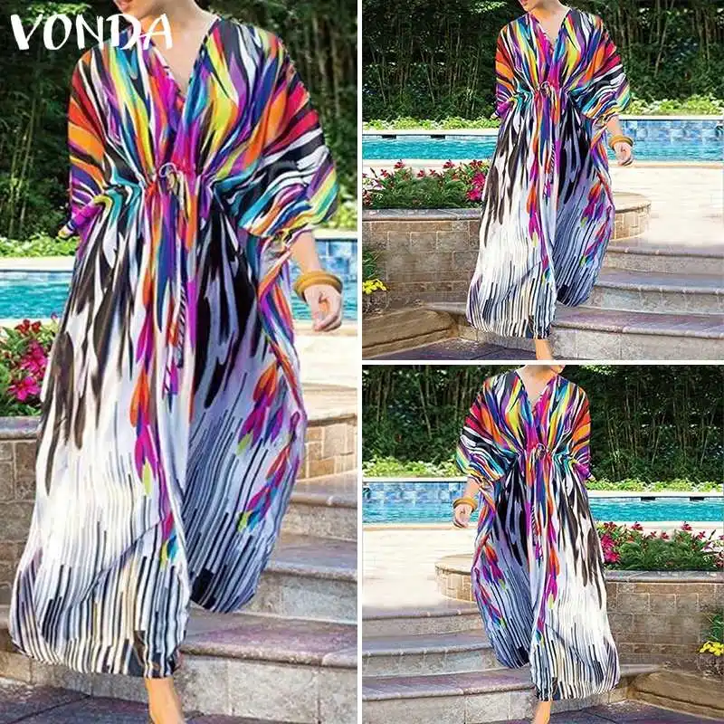 Bohemian Maternity Dress VONDA Sexy V-Neck Short Sleeve High Waist Printed Dresses Vintage Beach Vestido Pregancy Robe Femme