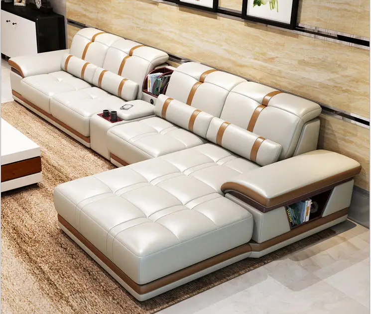 US $1.199.00 Living Room Sofa set furniture real genuine cow leather sofas bluetooth puff asiento muebles de sala canape L shape sofa cama