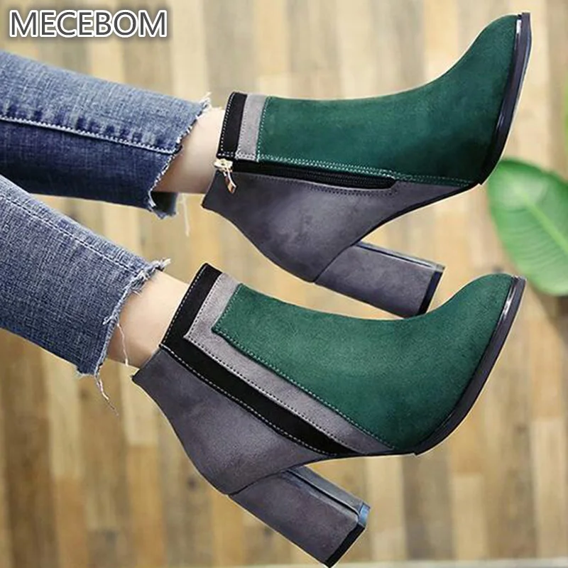 

Mecebom 2632W Winter Warm Women Flock Ankle Thick High Heel Chelsea Patchwork Boots Platform Casual Female Sapato Feminino Botas