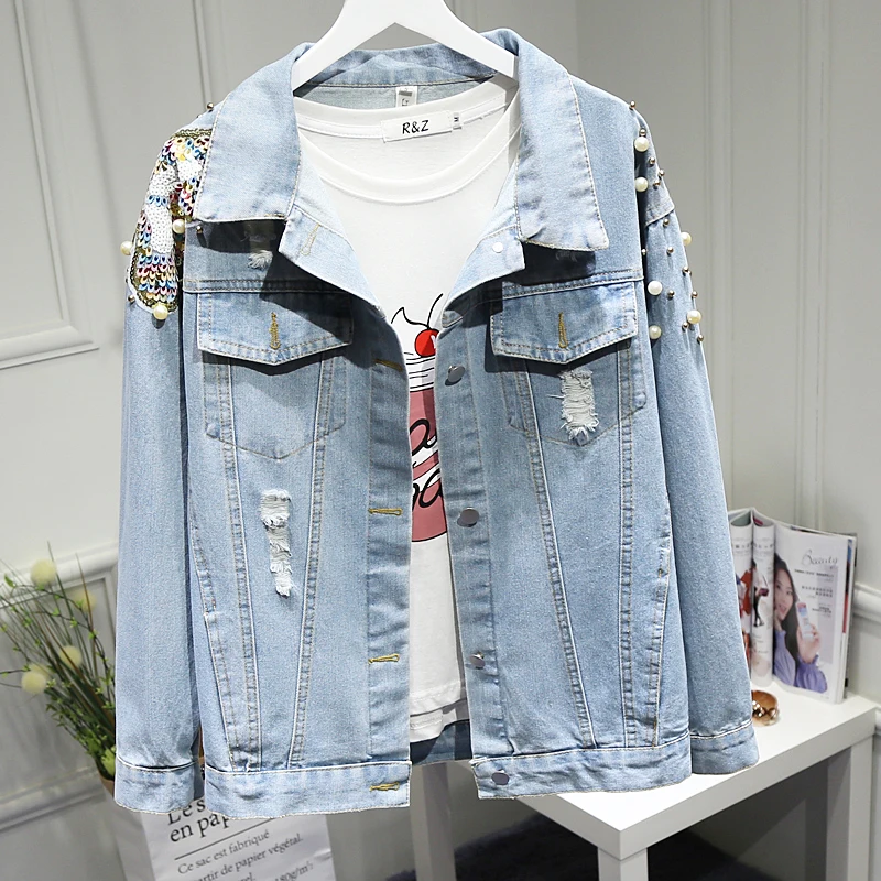 

2019 Spring Autumn Loose Sequins Jacket Girls Students Beading BF Style Denim Jackets Coat Women's Casual Jeans Coats Tops Femme