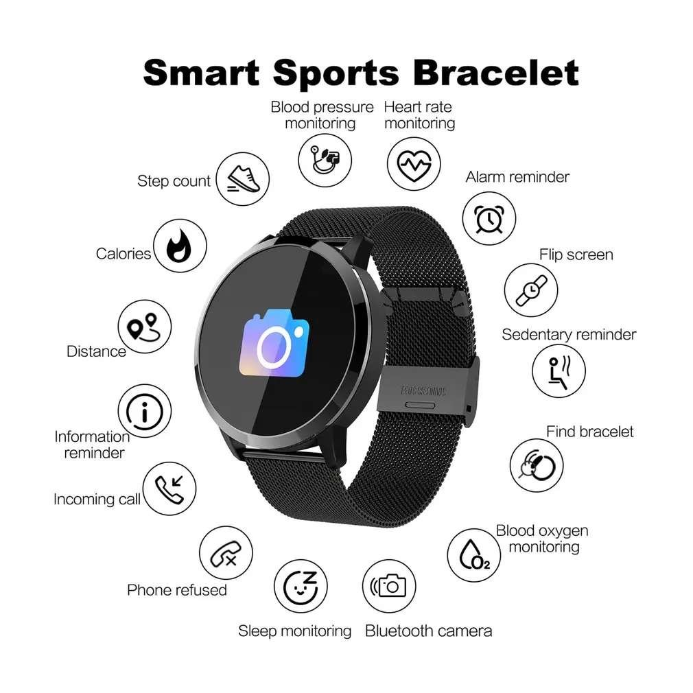 

Waterproof Color Touch Screen Q8 Smartwatch Stainless Steel Band Men Women Sport Fitness Camera Wearable Smart Device Electronic