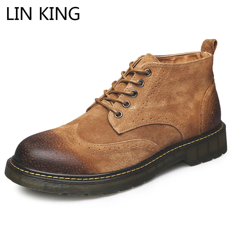 

LIN KING New Men Work Safety Boots Brogue High Top Casual Ankle Boots Vintage Martin Boots Lace Up Round Toe Male Desert Boots