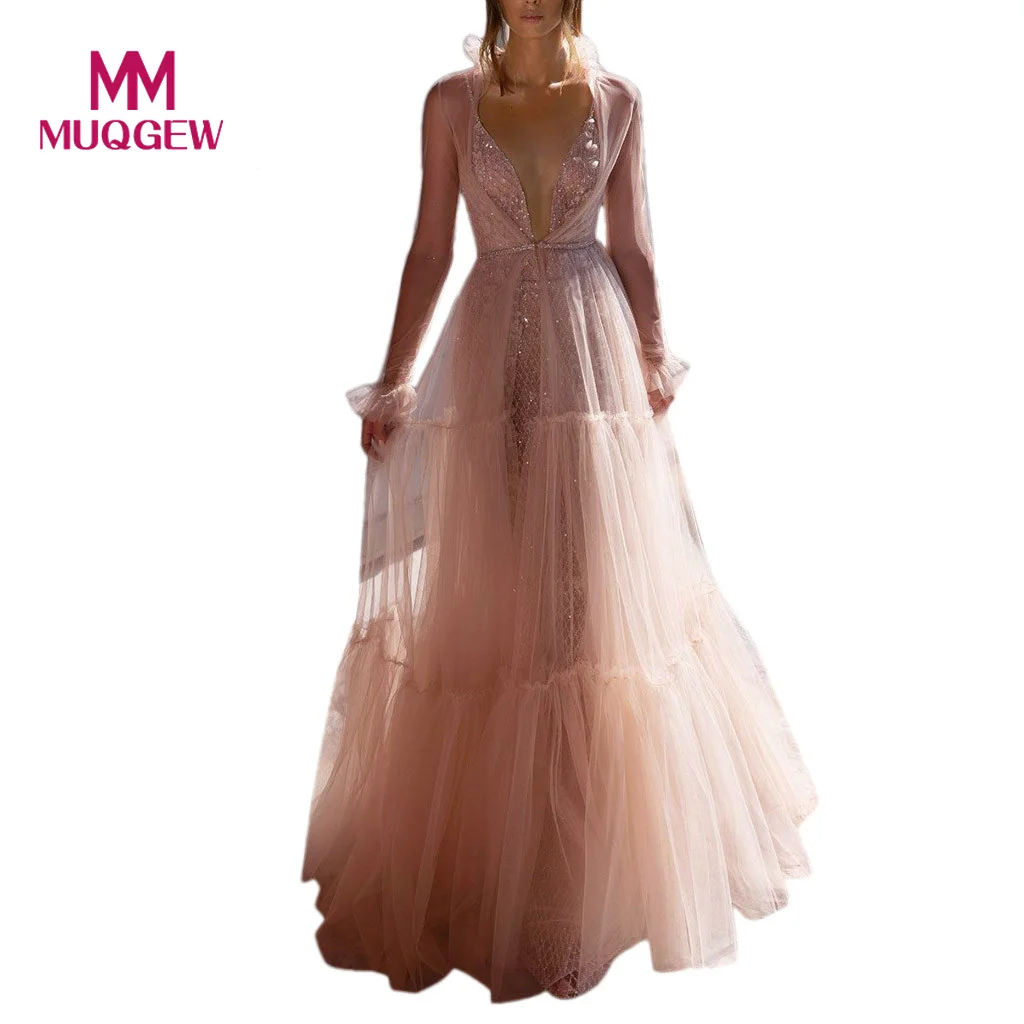 

MUQGEW Dress Women High waist Sexy Showback Sexy Deep V Sleeveless Neckless Dress Mopping Long Dress vestidos de verano