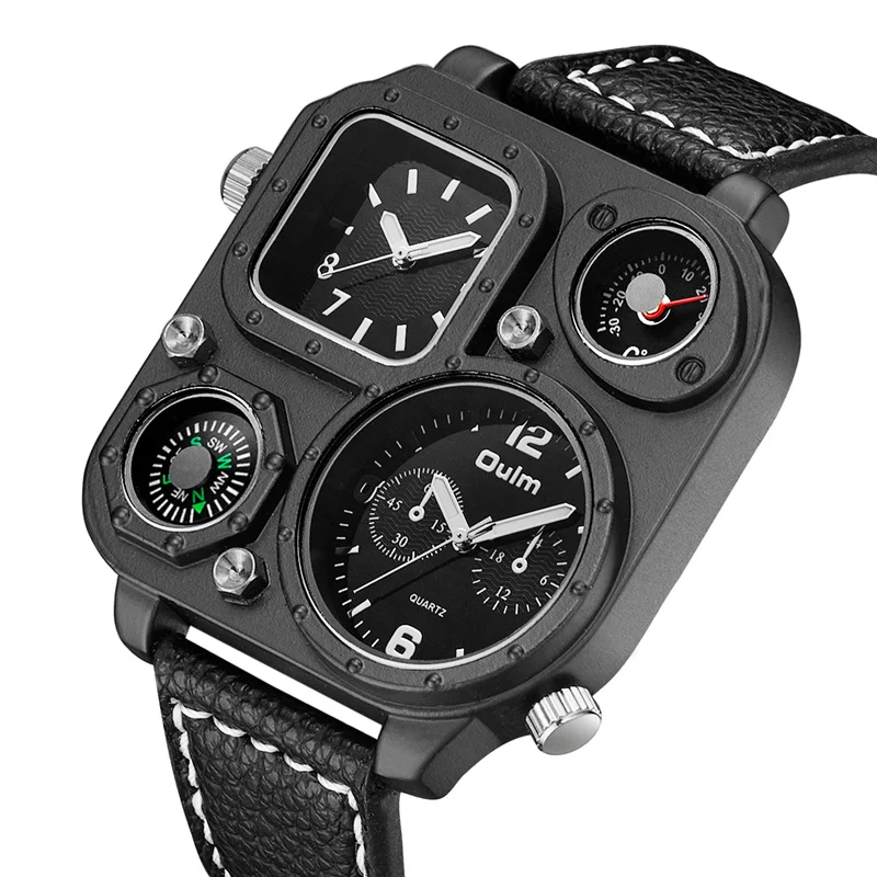  Oulm Sports Men's Watches Compass and Thermometer for Decoration Big Size PU Leather Military Wrist