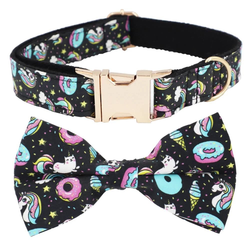 

Black Unicorn Dog Collar and Leash Set With Bow Tie For Big and Small Dog Cotton Fabric Collar Metal Buckle