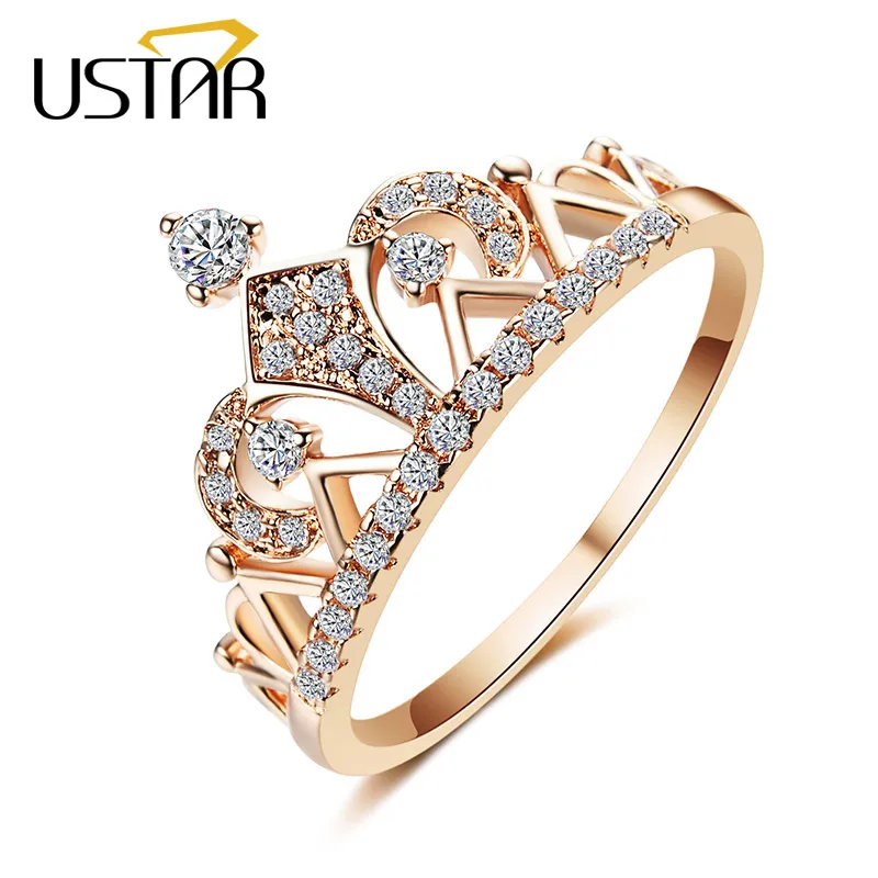 USTAR Princesa Coroa Anéis para as mulheres AAA cubic zirconia micro pave configuração de noivado anéis de casamento Anel feminino acessórios