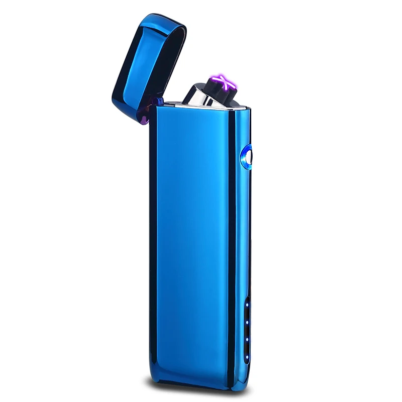 Зажигалка для сигарет электрическая дуга ветрозащитная перезаряжаемая беспламенная без газа металлическая импульсная мощность дисплей USB зажигалки с коробкой - Цвет: blue