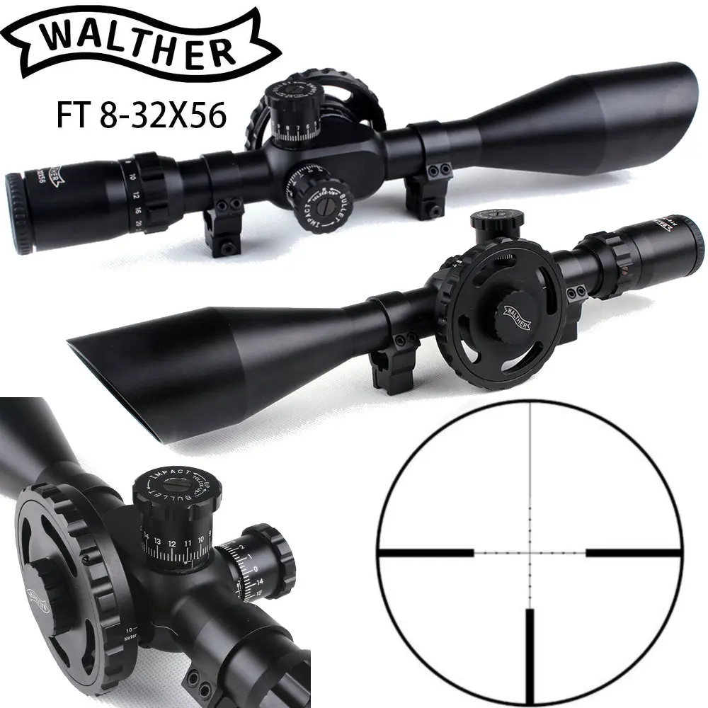 

WALTHER FT 8-32X56 Hunting Riflescopes Mil Dot Reticle Large Side Wheel Parallax Adjustment Shooting Scope with Dovetail Rings