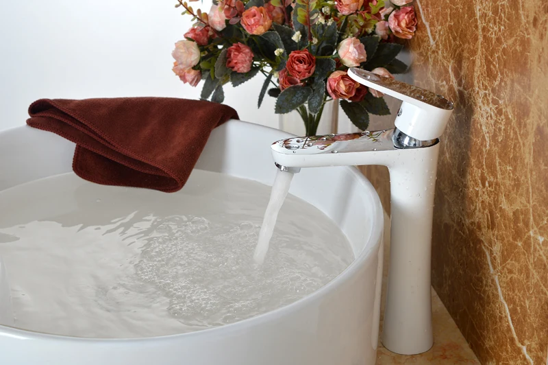 

OLMEY BRASS Modern Tall Body Bathroom Vessel Sink Faucet Single Handle Chrome Matte White Lavatory Basin Mixer Tap