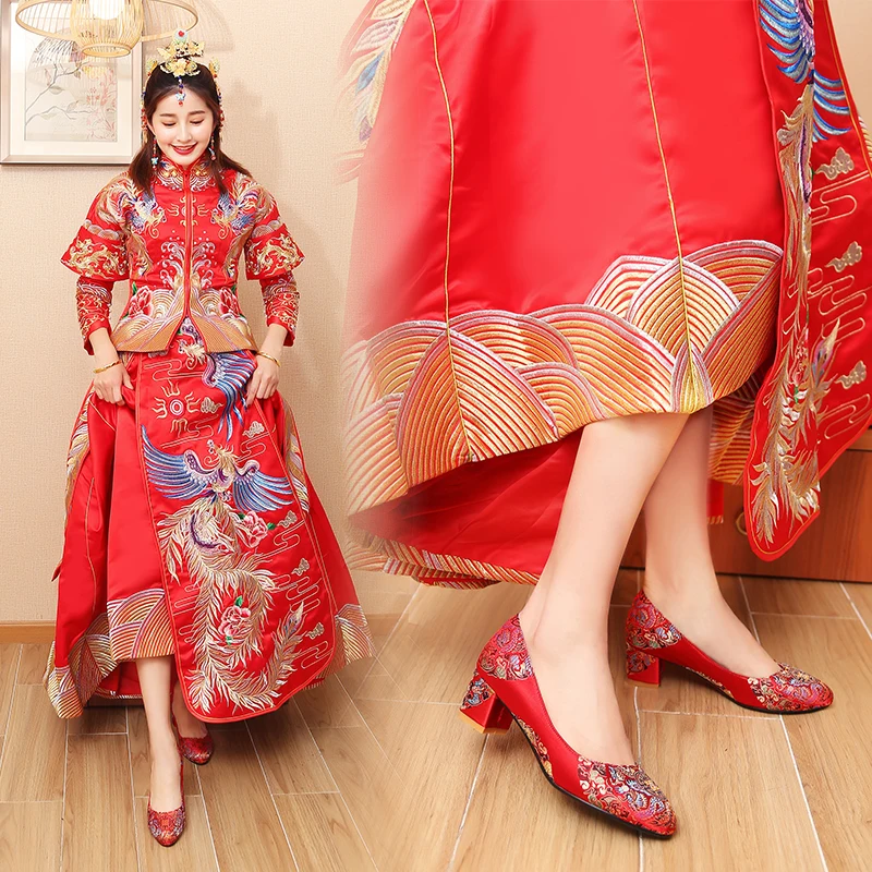 

Wedding Shoes Fat Foot Round Toe Width Red National Embroidery Shoes Thick Heels bridal shoes toast shoes shallow single shoes