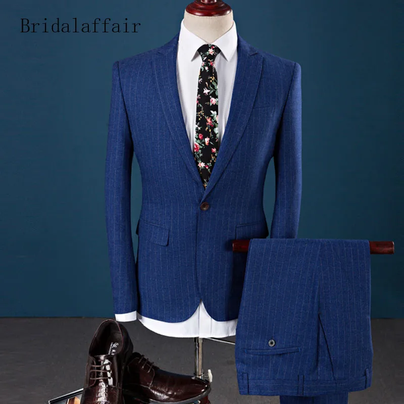 Bridalaffair Мужской комплект из двух предметов Темно-синее платье в полоску свадебный костюм для мужской смокинг нежный современный Блейзер брюки мужские костюмы - Цвет: Королевский синий
