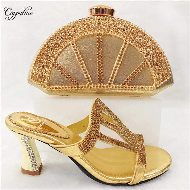 

Elegant lady high heel sandal shoes and purse bag set nice matching for evening dress T0425 in gold, heel height 8cm