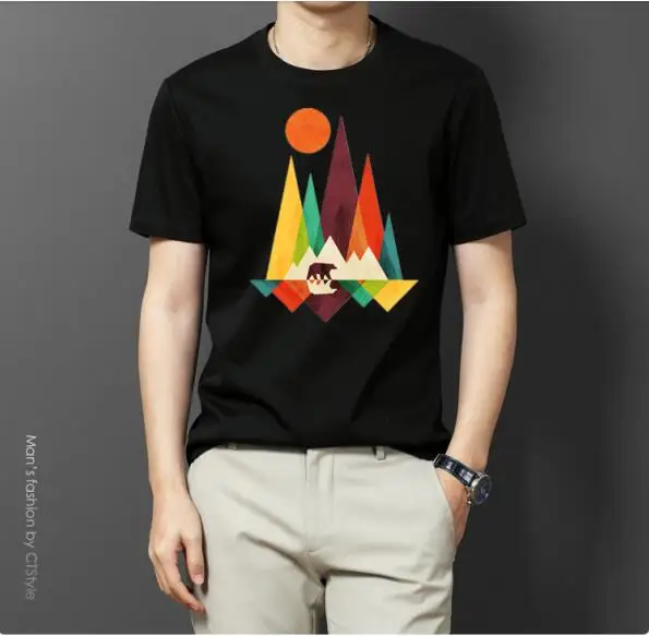 2019 Nuovo Arrivo Semplice Mountain E Orso di Disegno Degli Uomini della camicia di Modo T Fresco Magliette e camicette Manica C