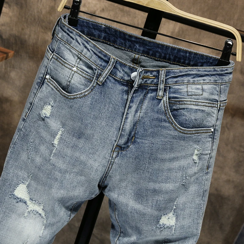 Ripped Jeans Men Skinny Light Blue High Street Style Male Jeans Elasticity Slim Fit Frayed Casual Men Pants Trousers Biker