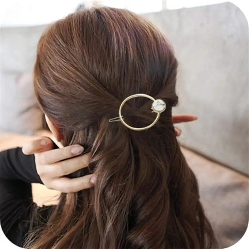 Fashion Women Girls Metal Circle Square Hair Clips Natural Stone Hairpins Barrettes Wedding Hair Clip Accessories Dropshipping
