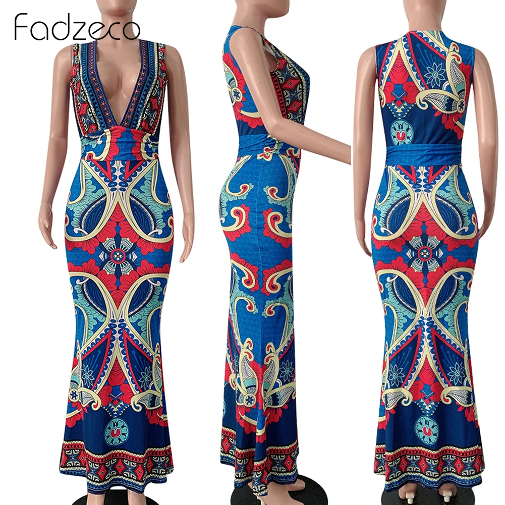 Женские летние платья в африканском стиле Дашики Принт Цветочный этнический сексуальный глубокий v-образный вырез Bodycon Длинное Макси