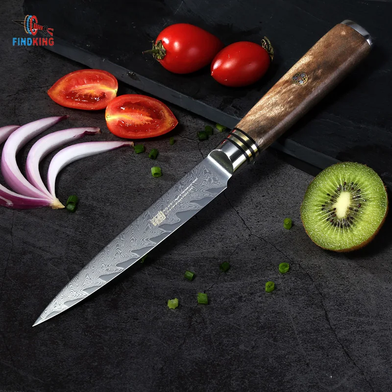 FINDKING AUS-10 damascus steel arrow pattern Sapele wood handle damascus knife 5 inch utility knife 67 layers fruit knives