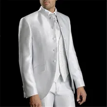 Высококачественный Серебряный атласный Свадебный костюм с отворотом и стоячим воротником для мужчин из 3 предметов Masculino Trajes De Hombre блейзер(пиджак+ брюки+ жилет+ галстук) 166