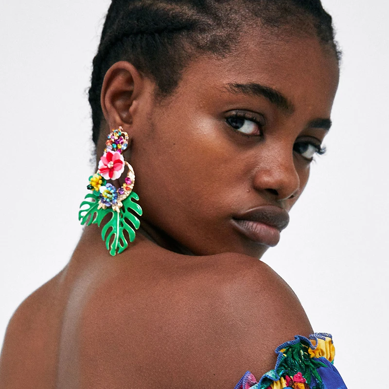 

Fashion Earrings For Women 2019 Statement Green Leaf Za Earrings Hanging Crystal Flower Wedding Long Drop Earring Female