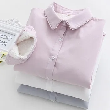 

New 2018 Winter Plus Velvet Thicken White Turn-down Collar blouse Slim Fashion Casual Long Sleeves Women Blouses Size Top