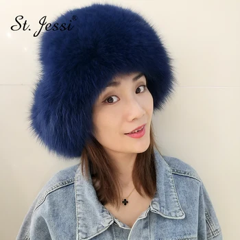 

ST. Jessi 2019 Winter Hats For Women Natural Fox Fur Russian Ushanka Hats Thick Warm Fashion Earmuffs Bomber Fur Hats
