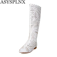 ASYSPLNX sexy Microfibre Cut-Outs Sculpture peep toe femmes genou haute bottes blanc d’été bottes plat Respirant dames Sandales chaussures