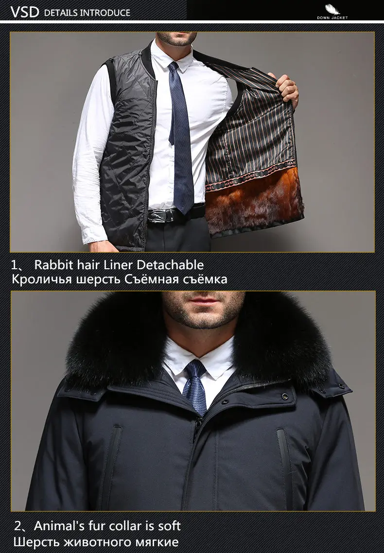 VSD Fashion Winter Jackets Men's Warm Down Coat Parka Thickening Rabbit hair Liner Detachable Turtleneck Windproof Concise VS887 (12)