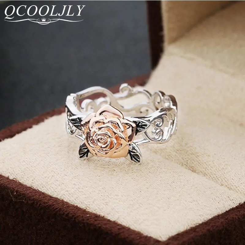 QCOOLJLY 2019 милые романтические розовые розы Полые Цветы обручальные кольца