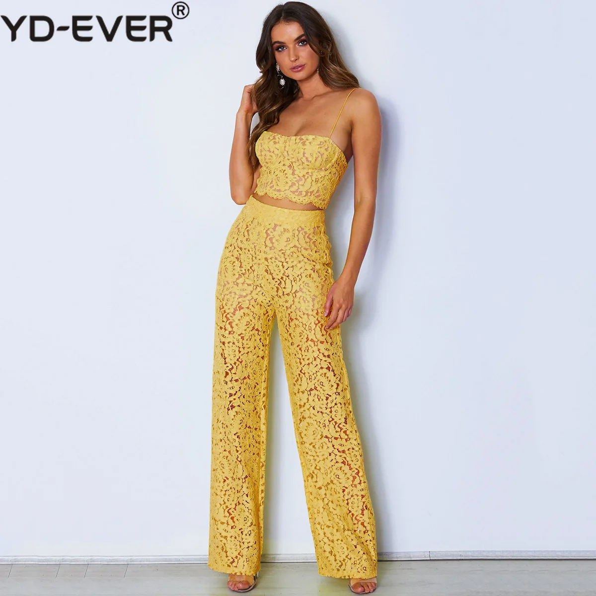 

Women Lace Wide Leg Pants Bandage Hollow Out Solid Spaghetti Strap Crop Top 2 Piece Set for Female Two Piece Set Women's Suits