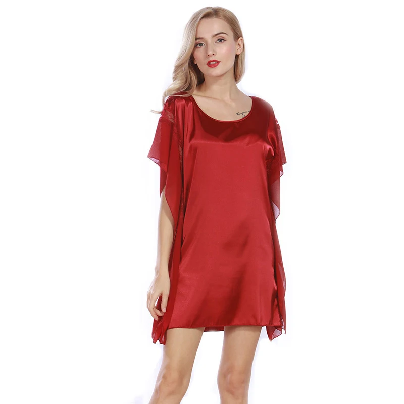 

2017 Spring Summer Nightdress Women Silk Satin Nightgowns O Neck Lace Sleepwear Dress Sexy Lingerie Free Size SQ337
