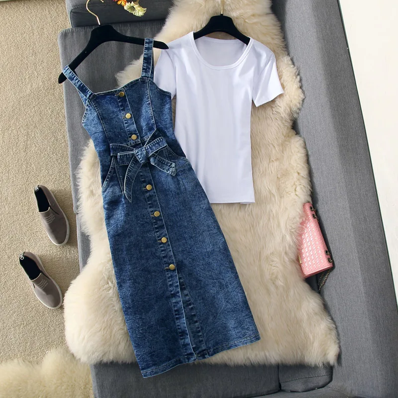 

2019 New Spring Womens Sexy Dress 2 Piece Set Single-breasted Strap Denim Dress + White T-shirt Female Casual Jean Dresses Suit