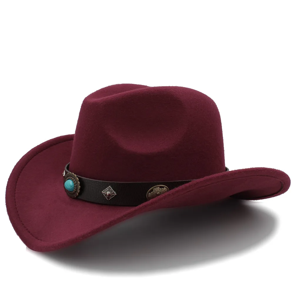 Шерсть Для женщин западная ковбойская шляпа для элегантных леди зима-осень Джаз Конный сомбреро Hombre стимпанк Fedora Кепки - Цвет: Wine red