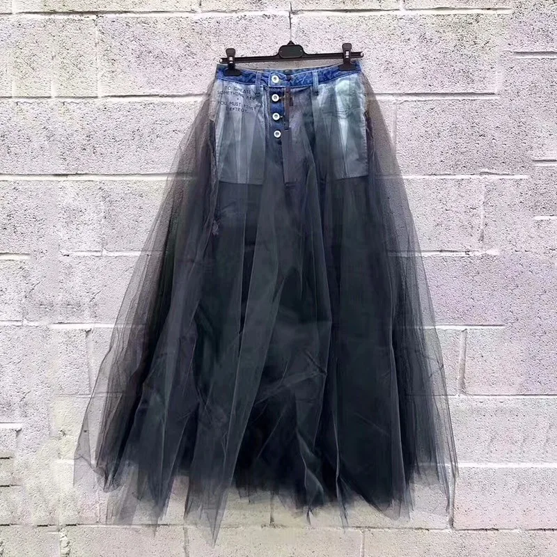 TWOTWINSTYLE, сетчатая юбка, женская джинсовая Лоскутная юбка с высокой талией, два стиля, длинная юбка-пачка для женщин, весна, большой размер, Harajuku - Цвет: Black
