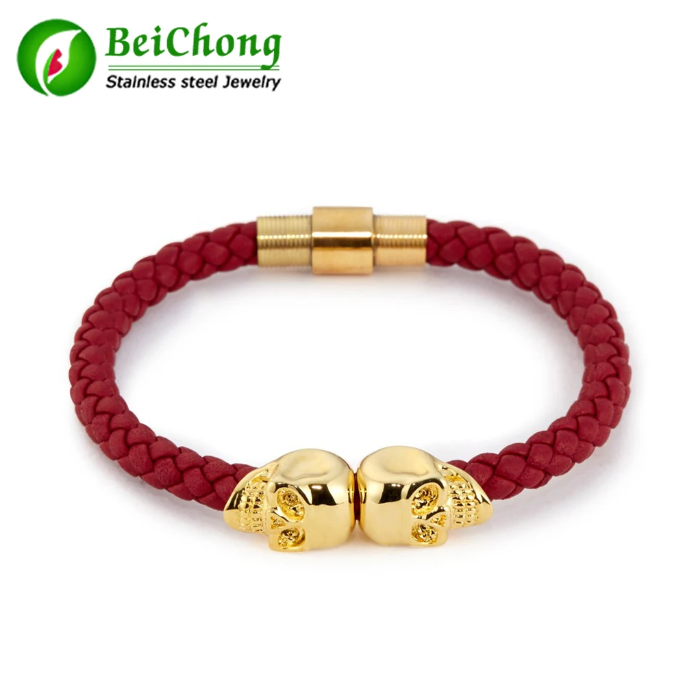 

(10 pieces/lot) Wholesale Red Genuine Leather Braided Bracelet Women Stainless Steel Rose Gold North Skull Bracelet Men WB106