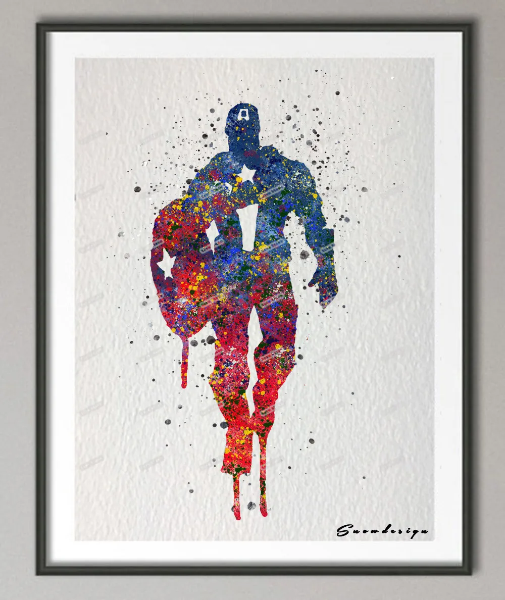 Original watercolor Captain America canvas painting wall art Superhero