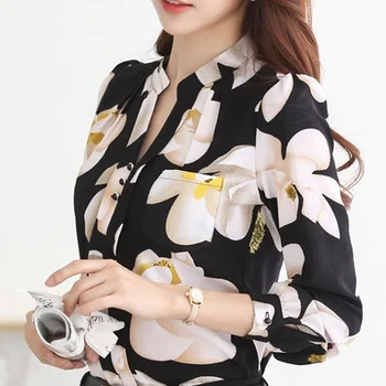 

Women's Floral Print V-neck Chiffon OL Blouse Top Long Sleeve Plus Size XXXL Woman's Blouses 2019 Summer Office Lady Tops Female