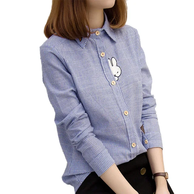 Cute Rabbit Embroidery Women Blouses 2017 Autumn Blue White Striped
