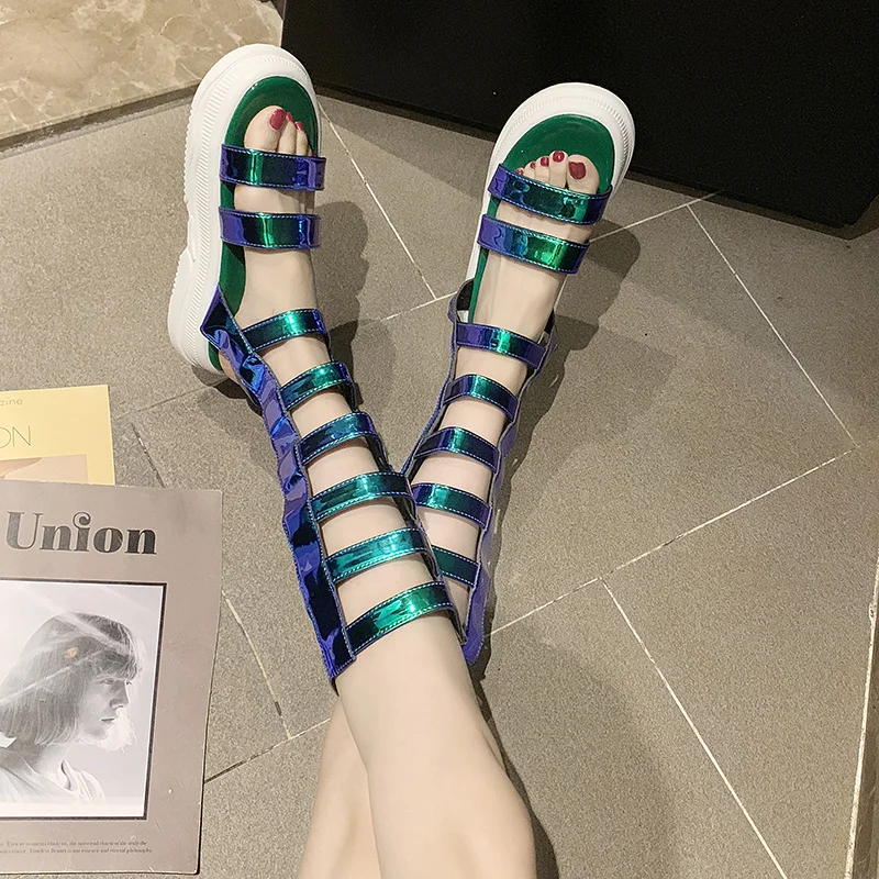 

2019 summer new ladies sequin cloth colorful hollow sandals high boots sponge cake thick sandals women