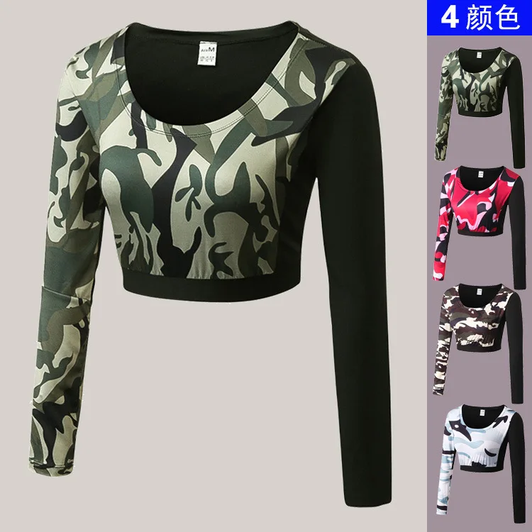 

Sexy Camouflage Gym Yoga T shirt Womens Dry Quick Running Sports Long Sleeve Fitness Jogging Exercises Cropped Tees Tops SP-078