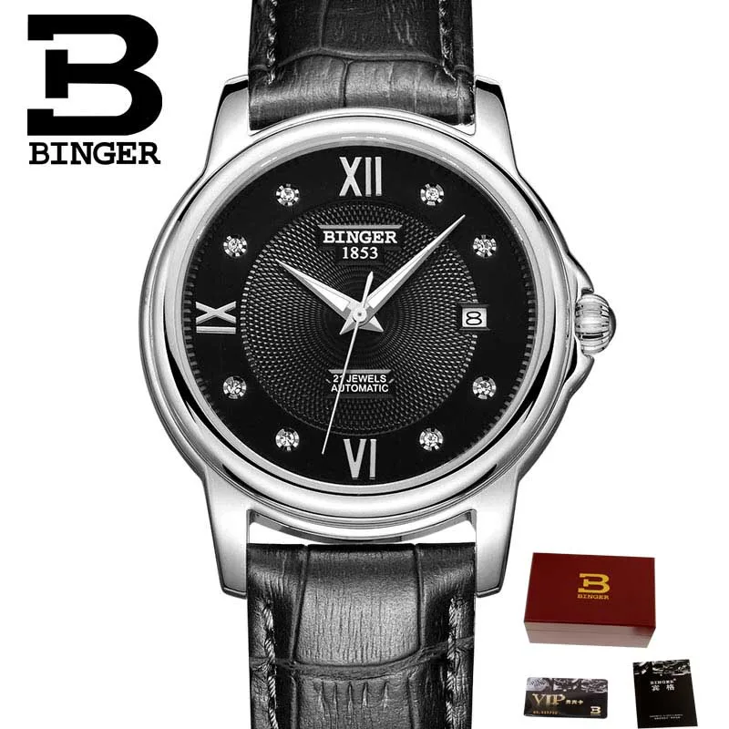 Hot Fashion Binger Original Top Brand Women Dress Luxury Automatic Mechanical Watch Self-Wind Leather relogio montre femme - Цвет: Men watch 06