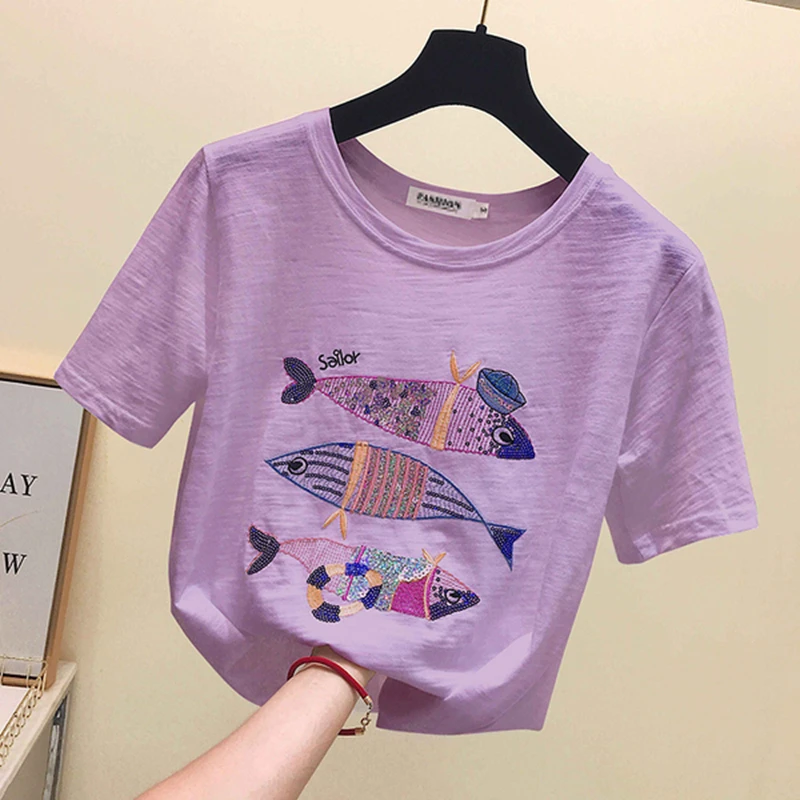 

gkfnmt Women Summer Casual T-Shirt Embroidery Sequin Purple Pink White Tshirt Cotton Short Sleeve Fish Tops High Quality Clothes