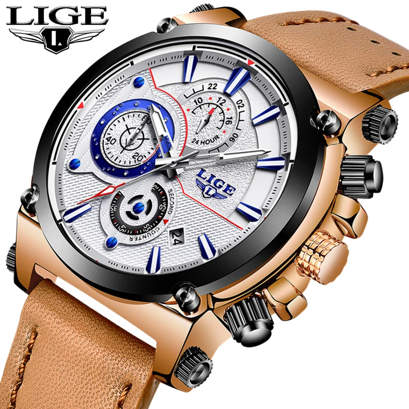 

LIGE Mens Watches Top Brand Luxury Quartz Gold Watch Men Casual Leather Military Waterproof Sport Wrist Watch Relogio Masculino